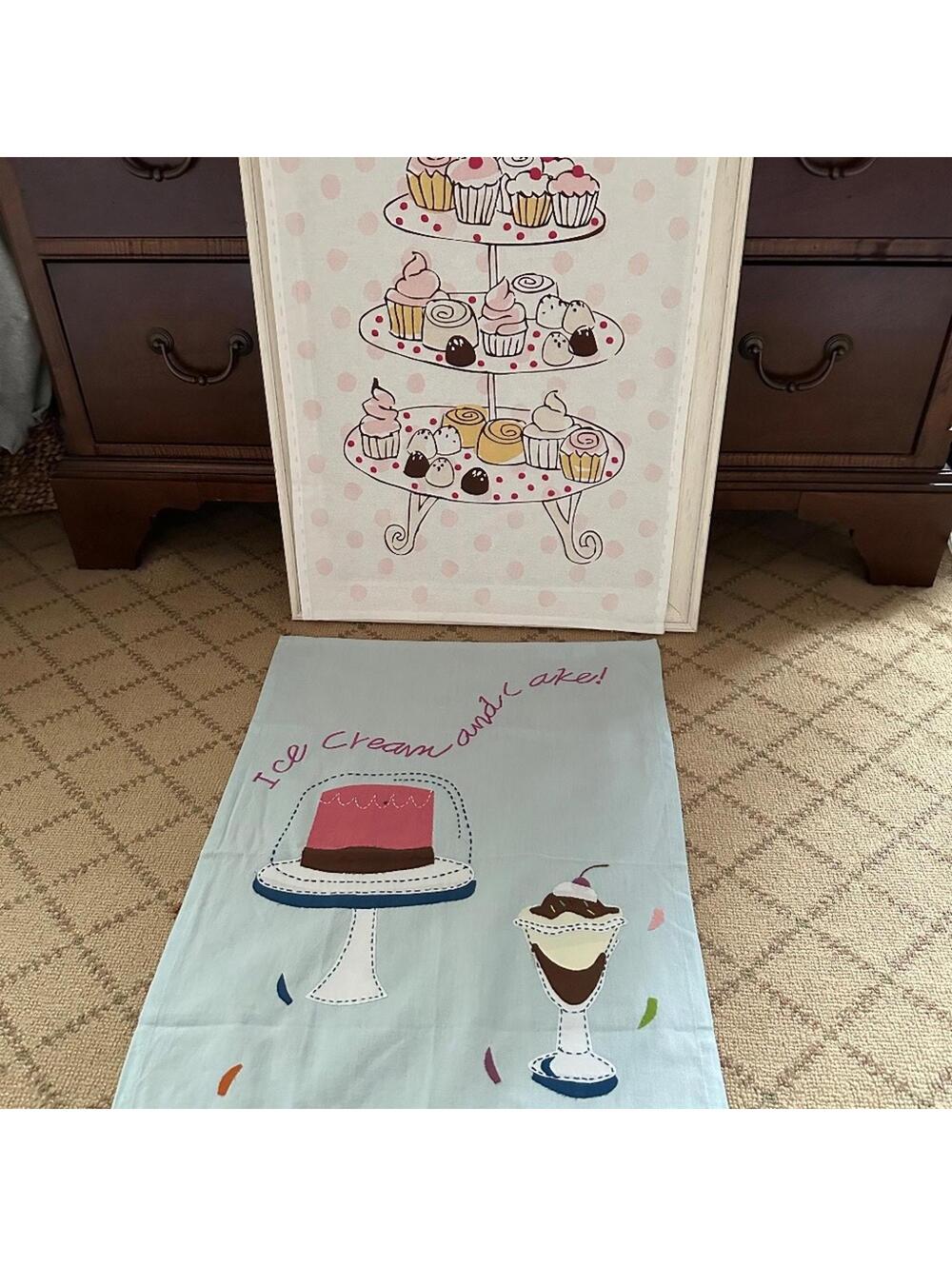 Vintage Sur La Table Embroidered Appliqué Dessert themed Tea Towel set of 2 NWOT